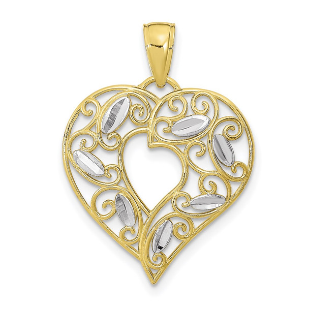 10k Yellow Gold With Rhodium-Plating-Plated Diamond-Cut Filigree Heart Pendant