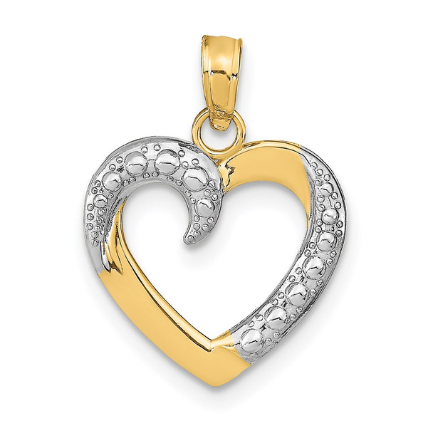14k Yellow Gold and Rhodium Polished and Textured Heart Pendant K9678