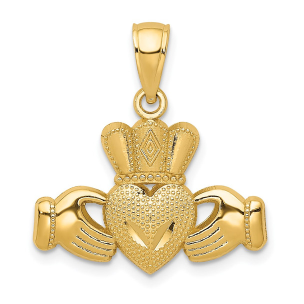 14k Yellow Gold Polished and Textured Claddagh Pendant