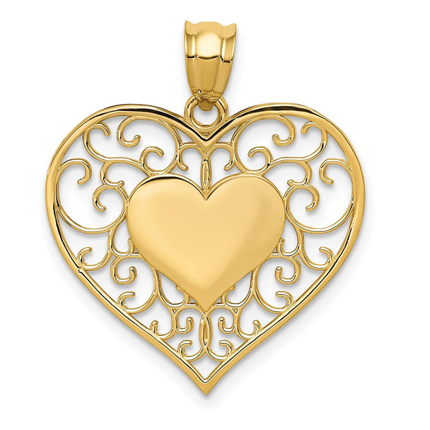 14k Yellow Gold Heart In Heart Polished and Filigree Pendant