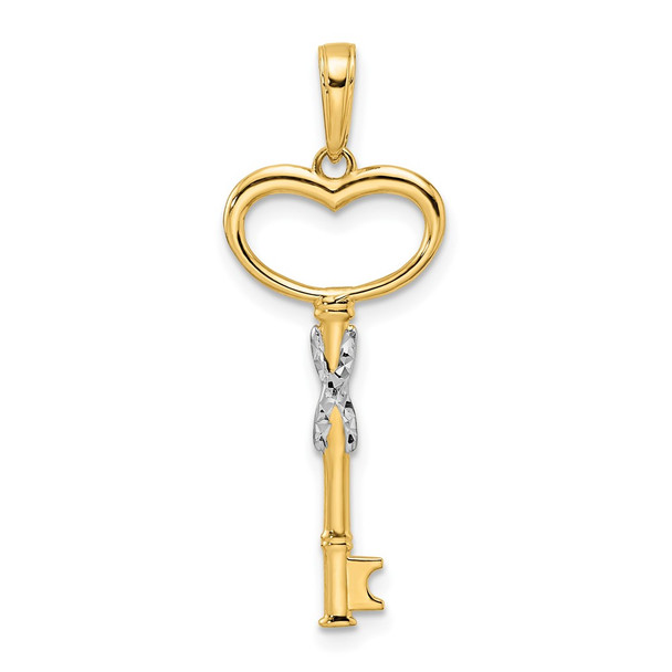 14k Yellow Gold and White Rhodium Diamond-cut Heart Key Pendant