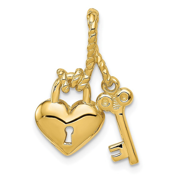 14k Yellow Gold Polished Key Tied To Heart Lock Pendant