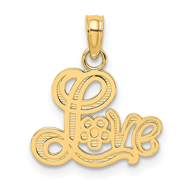 14k Yellow Gold Love Script With Flower Pendant