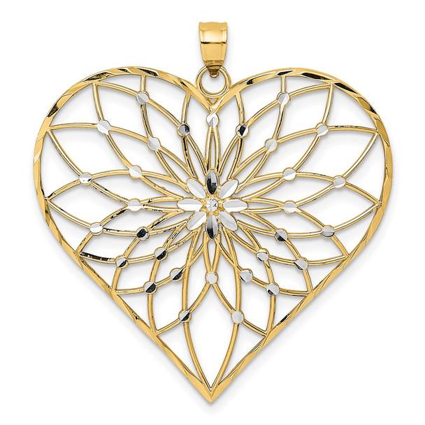 14k Yellow Gold w/ Rhodium-Plated and Shiny-Cut Heart Pendant