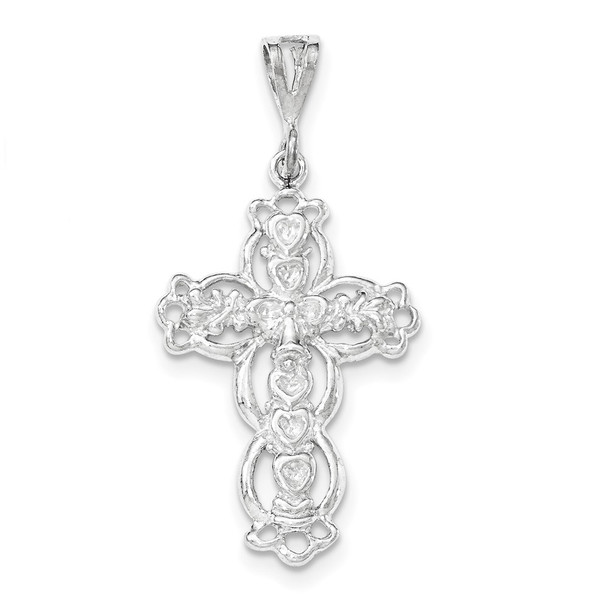 Sterling Silver Polished & Textured Hearts on Cross Pendant