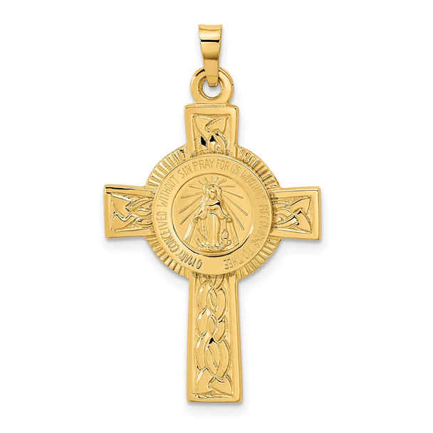 14k Yellow Gold Cross With Miraculous Medal Pendant