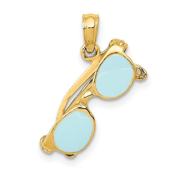 14k Yellow Gold 3D Blue Enameled Sunglasses Pendant