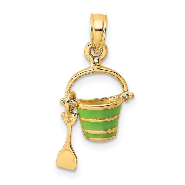 14k Yellow Gold 2-D Green Enameled Beach Bucket w/Moveable Shovel Pendant