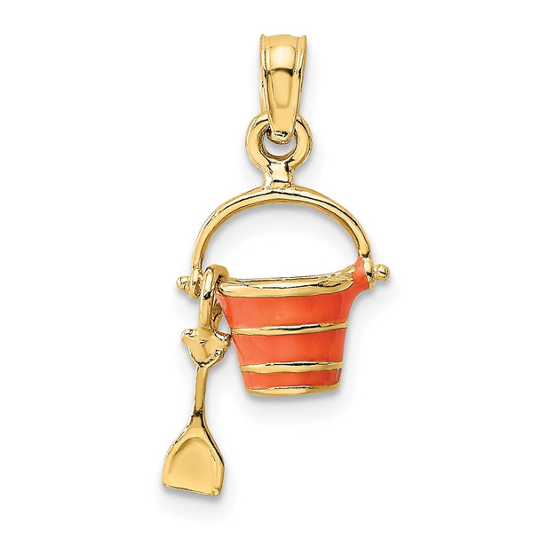 14k Yellow Gold 2-D Orange Enameled Beach Bucket w/Moveable Shovel Pendant