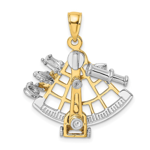 14k Gold With Rhodium 3-D Moveable Old Fashioned Compass Pendant