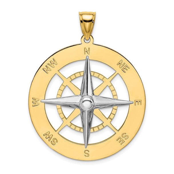 14k Gold with Rhodium Nautical Compass White Needle Pendant K9016