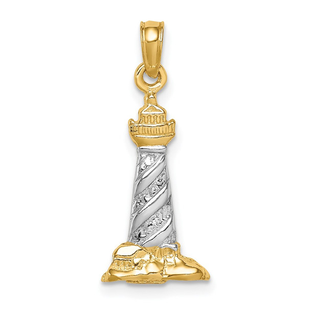 Mens 14k Yellow Gold And Rhodium 3-D Cape Hatteras Lighthouse Pendant