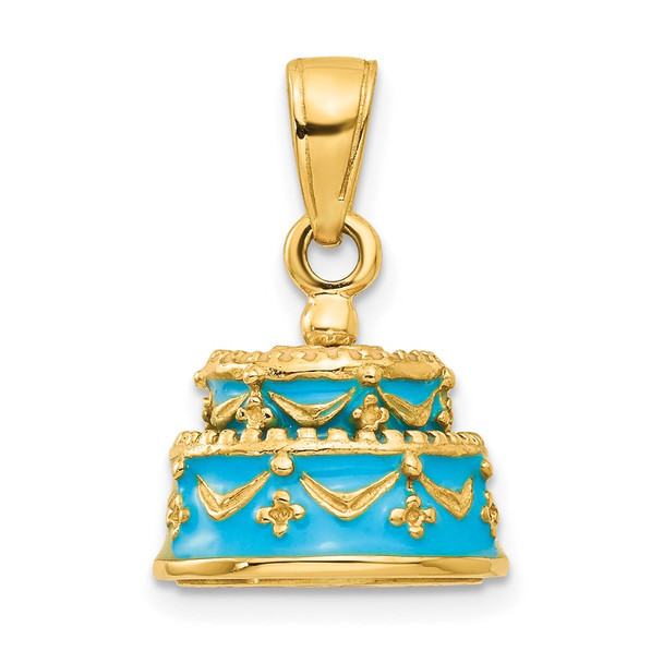 14k Yellow Gold 3-D Aqua Blue Enameled HAPPY BIRTHDAY Cake Pendant