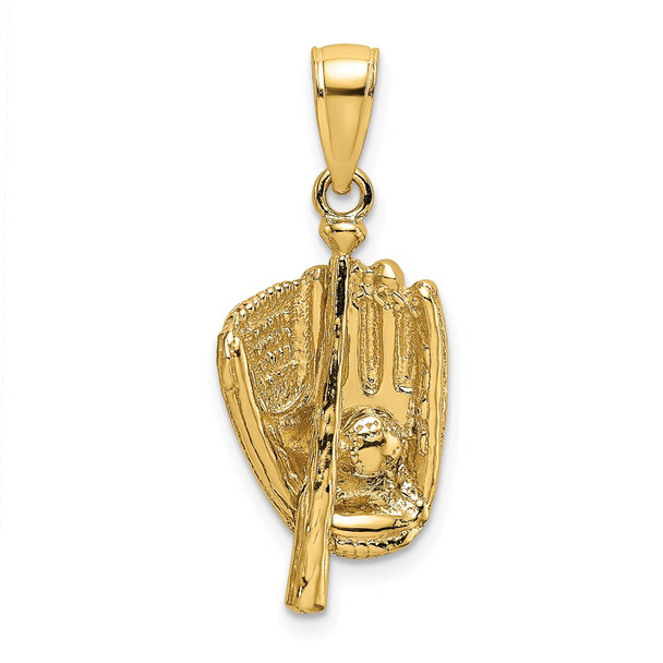 14k Yellow Gold 3-D Polished Baseball Glove, Bat and Ball Pendant