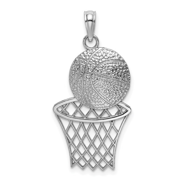 14k White Gold Diamond-cut Basketball and Net Pendant