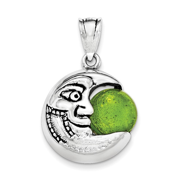Sterling Silver Antiqued Half Moon with Face and Green Glass Bead Pendant