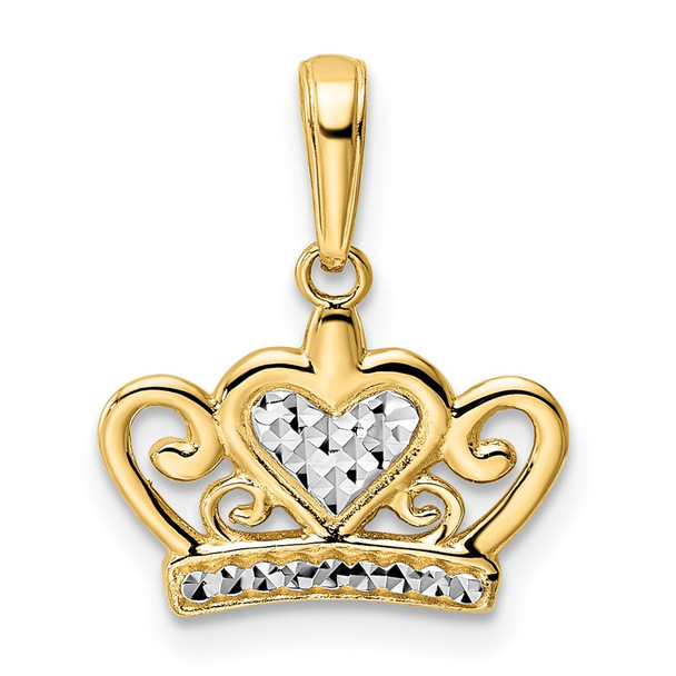 14k Yellow Gold and White Rhodium Diamond-cut Heart Crown Pendant