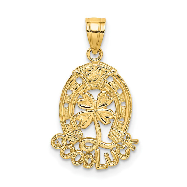 14k Yellow Gold Good Luck w/Horseshoe and Clover Pendant