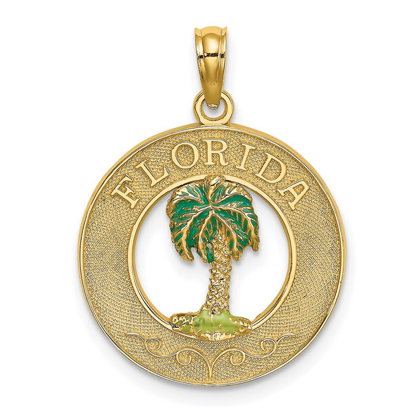 14k Yellow Gold Florida Round Frame w/Green Enamel Palm Tree Pendant