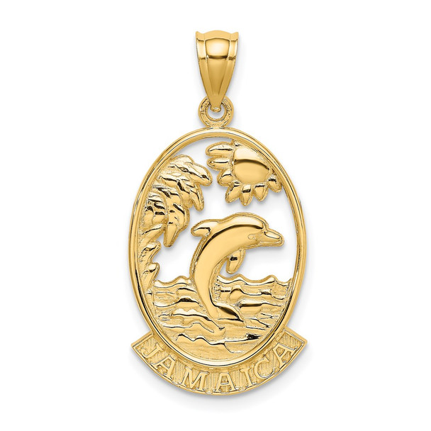 14k Yellow Gold Jamaica w/ Dolphin and Sunset In Frame Pendant