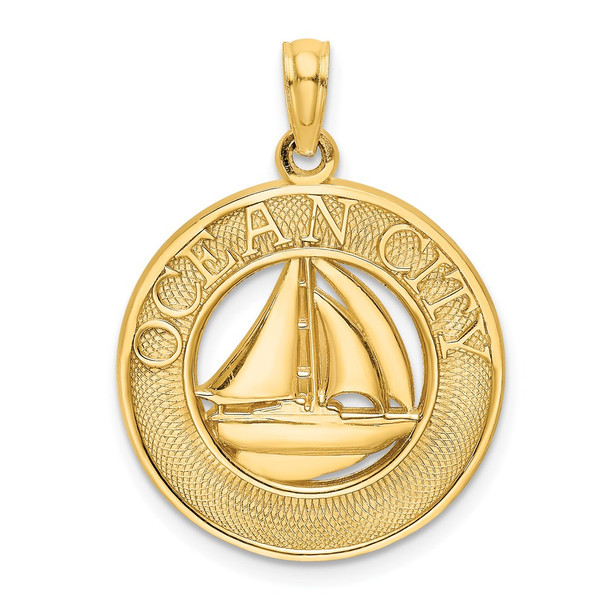 14k Yellow Gold Ocean City On Round Frame w/Sailboat Pendant