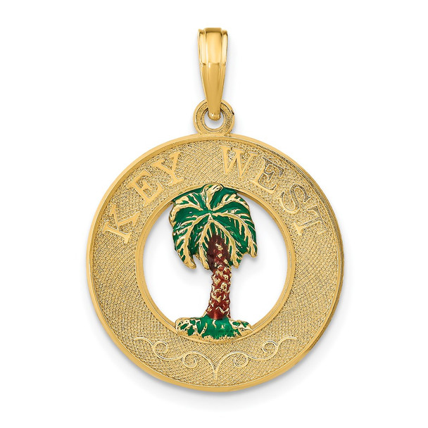 14k Yellow Gold Key West On Round Frame w/Enamel Palm Tree Pendant