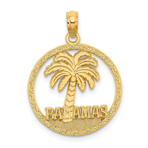 14k Yellow Gold Bahamas Palm Tree Round Frame Pendant