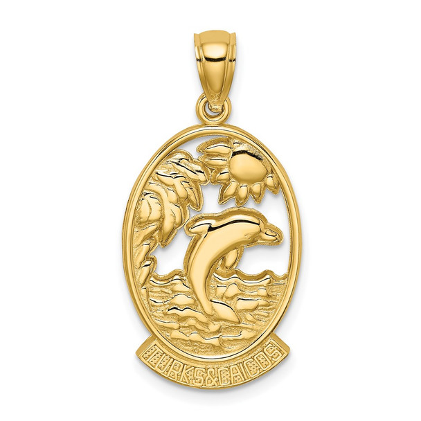 14k Yellow Gold Turks and Caicos w/ Dolphin and Sunset In Frame Pendant