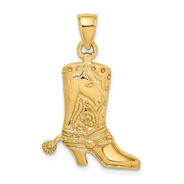14k Yellow Gold 2-D Cowboy Boot With Spur Pendant