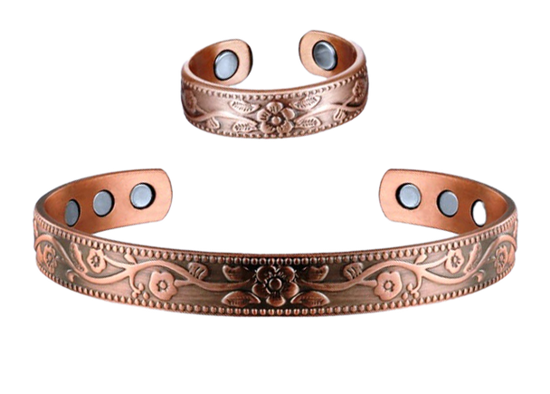 Flora - Solid Copper Magnetic Cuff Bracelet and Ring Set