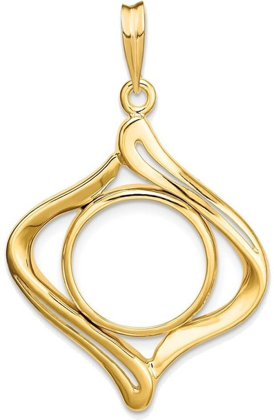 14k Yellow Gold Fancy Wave 14mm Prong Coin Bezel Pendant