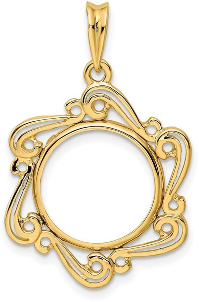 14k Yellow Gold Polished Curved Scroll 15mm Prong Coin Bezel Pendant
