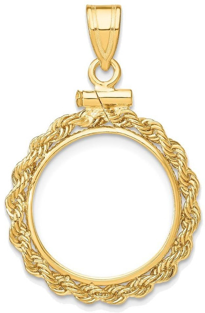 14k Yellow Gold 2mm Rope Screw Top 15mm Coin Bezel Pendant