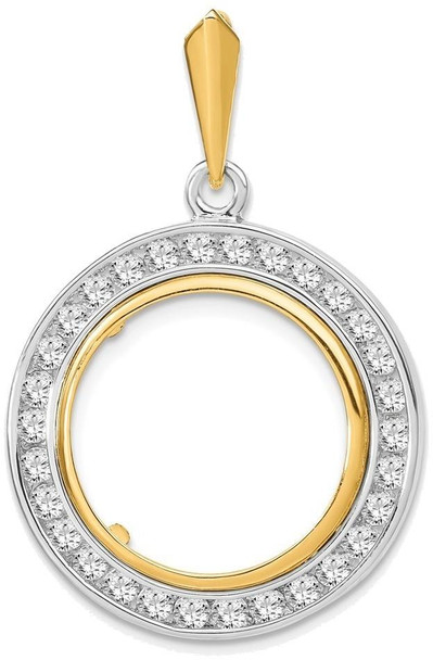 14k Two-tone Gold Channel Set AAA Diamond 17.8mm Prong Coin Bezel Pendant