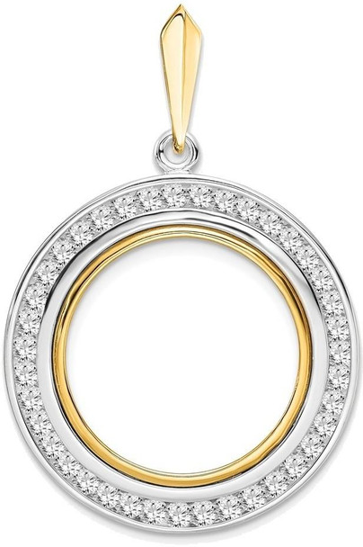 14k Two-tone Gold Channel Set AAA Diamond 20.1mm Prong Coin Bezel Pendant