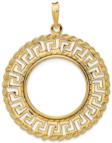 14k Yellow Gold 22mm Greek Key w/ Rope Border Prong Coin Bezel Pendant