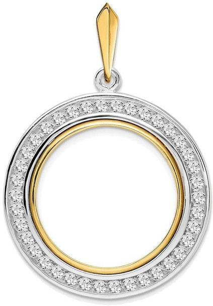 14k Two-tone Gold Channel Set AAA Diamond 22mm Prong Coin Bezel Pendant