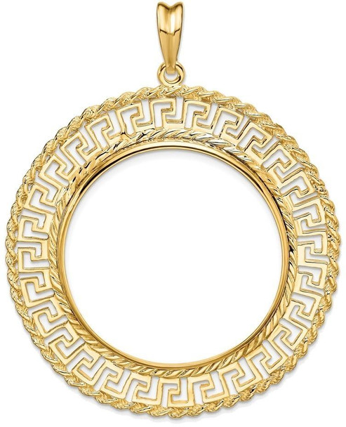 14k Yellow Gold 32.7mm Greek Key w/ Rope Border Prong Coin Bezel Pendant