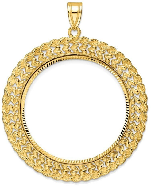 14k Yellow Gold Fancy Heart & Rope 32.7mm Diamond-cut Prong Coin Bezel Pendant