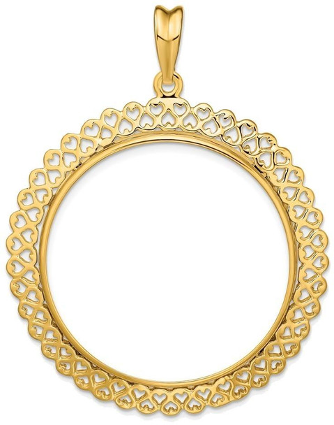 14k Yellow Gold Polished 34.2mm Heart Filigree Prong Coin Bezel Pendant