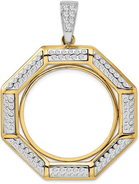 14k Two-tone Gold AAA Diamond Octagonal Prong 27.0mm Coin Bezel Pendant