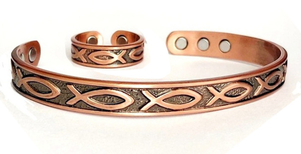Ichtus - Solid Copper Magnetic Cuff Bracelet and Ring Set