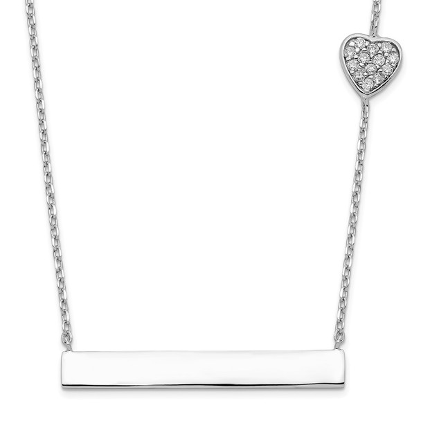 Rhodium-plated Sterling Silver CZ Heart w/2in ext. Bar Necklace