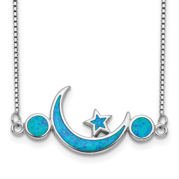 Sterling Silver Rhodium-plated Created Opal Moon and Star Necklace