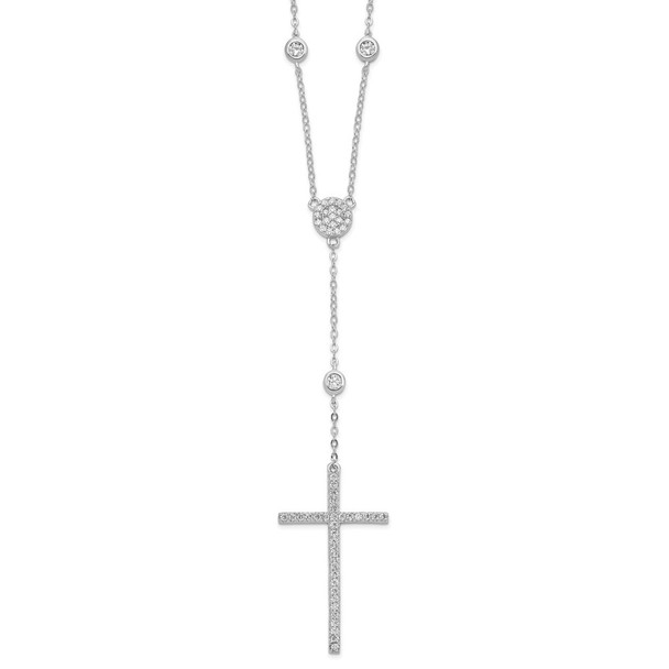 Rhodium-plated Sterling Silver CZ Cross Drop Necklace