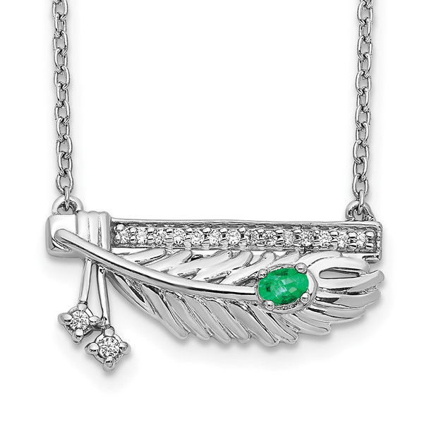 14k White Gold Diamond Bar w/Emerald Feather 18 inch Necklace