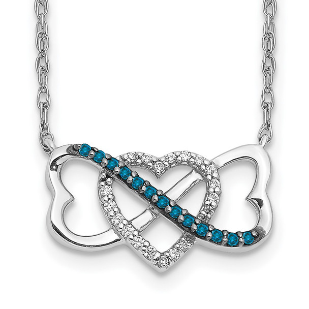 14k White Gold w/ Blue and White Diamond Triple Heart Pendant Necklace