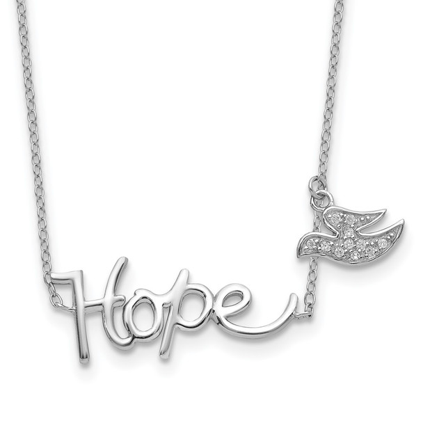 Rhodium-plated Sterling Silver HOPE w/CZ Dove Charm Necklace