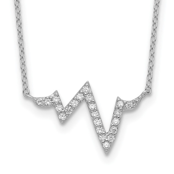 Rhodium-plated Sterling Silver CZ Heartbeat w/2in ext. Necklace