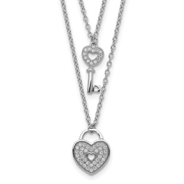 Rhodium-plated Sterling Silver CZ Heart Lock/Key w/2in ext Necklace